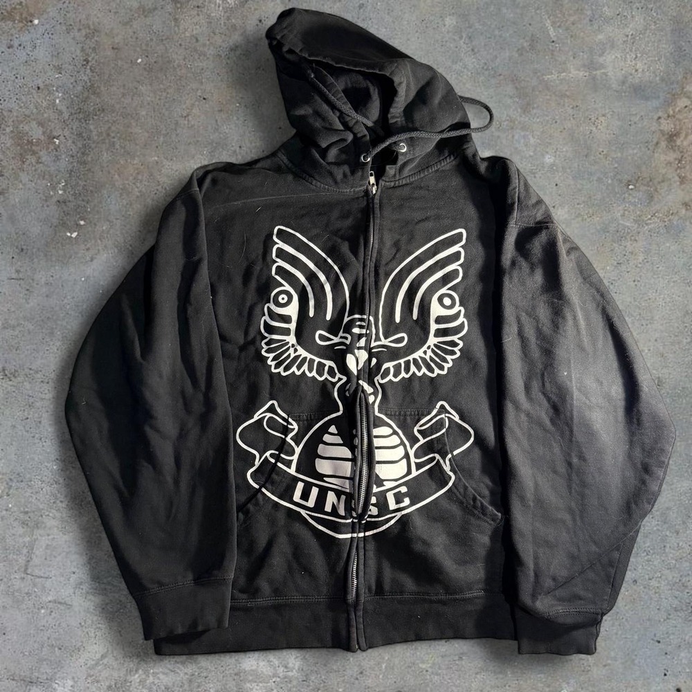 Halo UNSC Black Full Zip Hoodie Video Game Eagle Graphic Sweatshirt